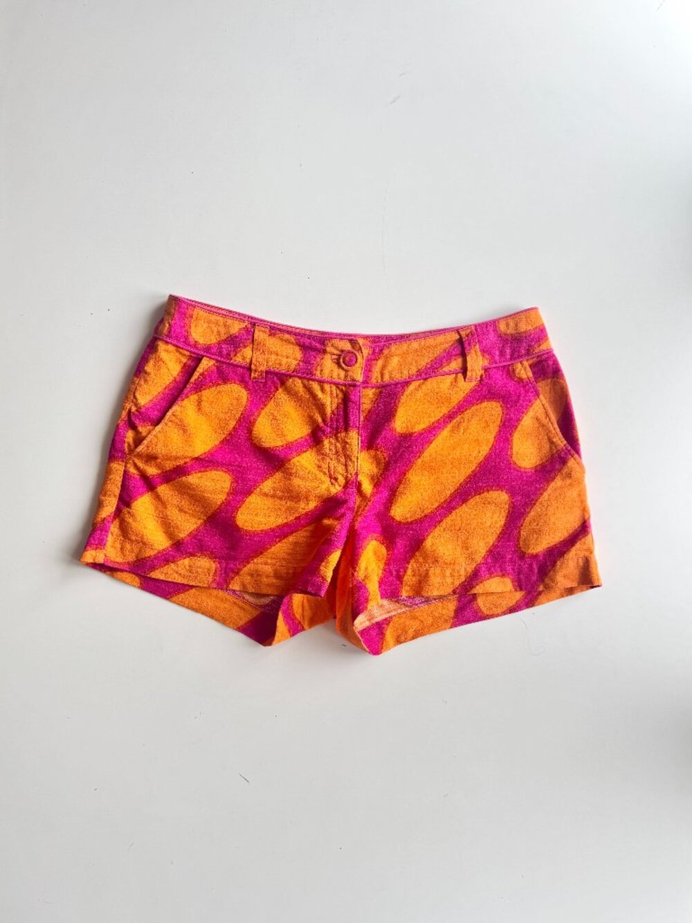 H&M Marimekko Pink Orange 100% Cotton Mid Rise Chino Shorts, Size 10